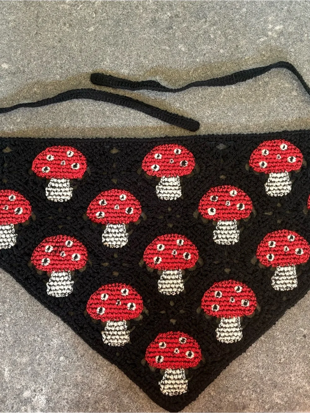 Handmade Black Crochet Bandana with Red Mushroom Appliques